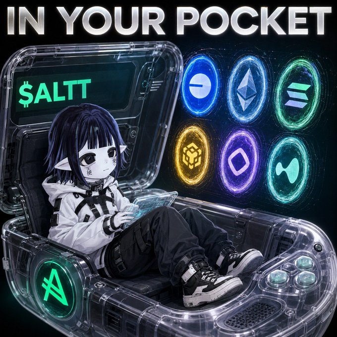 A digital artwork featuring a dark-haired anime character sitting inside a transparent case, with the text 'IN YOUR POCKET' above, a '$ALTT' ticker, and six cryptocurrency logos floating nearby.