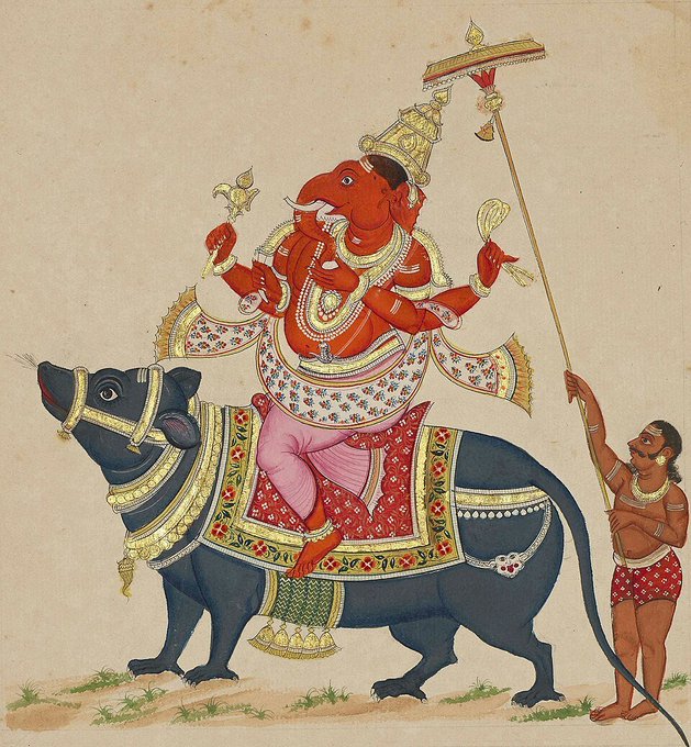A traditional Indian painting depicts Ganesha, the elephant-headed Hindu deity, adorned in elaborate red and gold garments, riding a decorated black bull while holding ritual objects, accompanied by a standing attendant holding a ceremonial parasol overhead. The image contrasts with the caption "Goodbye L2's" by juxtaposing the sacred, stationary religious iconography with a colloquial farewell to a specific network technology (Ethereum L2s).