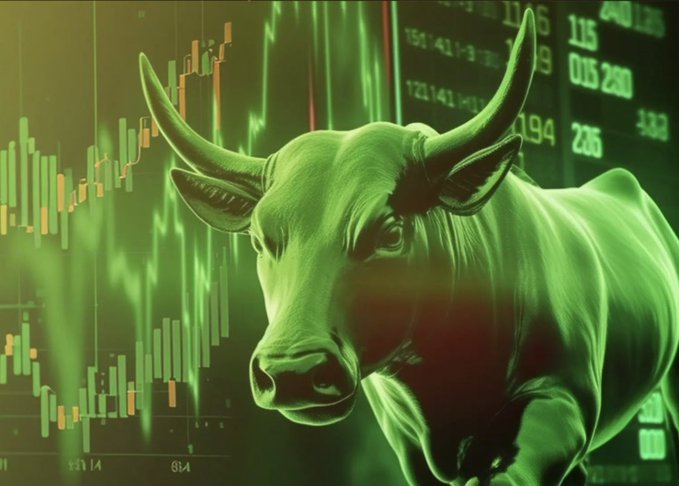 A powerful green-tinted bull statue stands prominently against a backdrop of rising stock charts and market data numbers (115, 015.299, 205), symbolizing bullish momentum. This imagery perfectly complements the post's message about Bitcoin's potential rise to $80,000, representing the unstoppable bull market that will eliminate short-sellers who are stubbornly betting against the crypto rally.