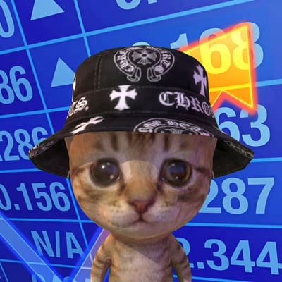 A digitally edited image of a small tabby kitten wearing a black and white patterned bucket hat with cross designs, set against a blue background with stock market numbers.