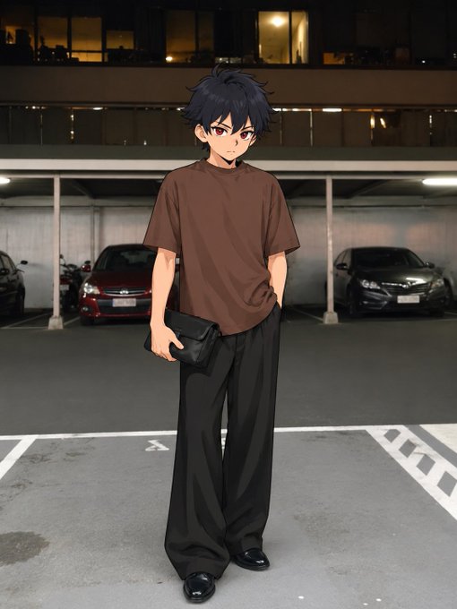 An anime-style character with dark hair and red eyes stands in a parking garage wearing a brown t-shirt, black pants, and holding a black clutch.
