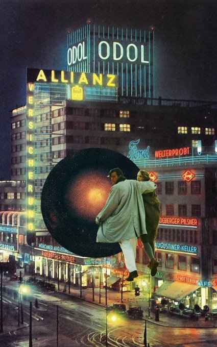 A vintage collage-style image showing a couple leaning against a giant floating sphere in front of illuminated Berlin night signage including 'ODOL', 'ALLIANZ', 'Ford', 'WELTPROBT', 'VERSICHERUNG', and 'AUGUSTINER KELLER'.