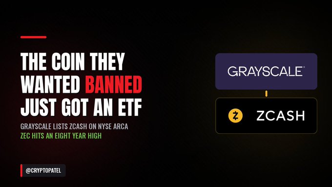 A promotional graphic stating 'THE COIN THEY WANTED BANNED JUST GOT AN ETF' and 'GRAYSCALE LISTS ZCASH ON NYSE ARCA', featuring Grayscale and Zcash (ZEC) logos, credited to @CRYPTOPATEL.