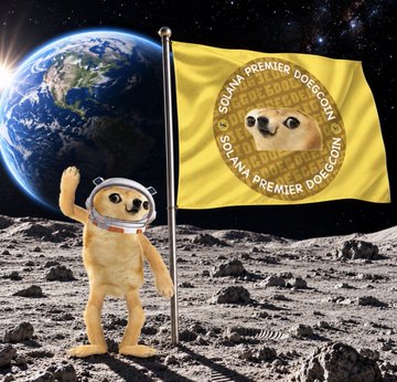 A digital illustration of a Dogecoin mascot (Shiba Inu dog) wearing an astronaut helmet standing on the moon next to a yellow Dogecoin flag, with Earth visible in the background.