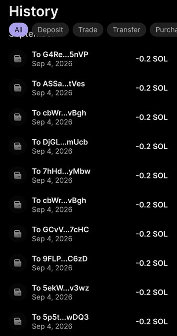 A transaction history shows multiple outgoing transfers of -0.2 SOL on Sep 4, 2026 to various recipients (e.g., cbWr...vBgh, GCvV...7cHC), supporting the post's claim of sending out 0.2 SOL Solana giveaways to multiple tagged users.