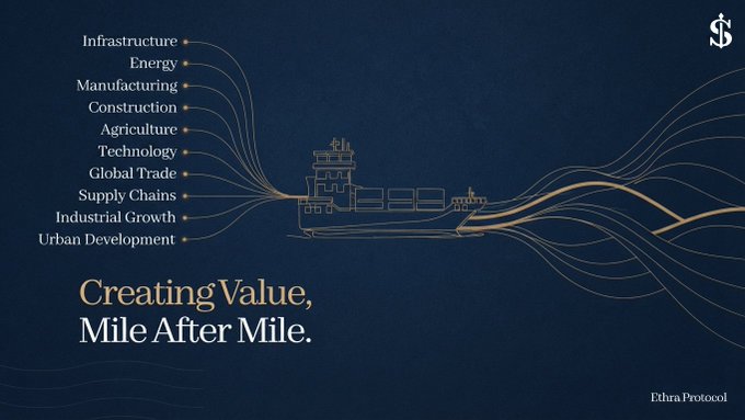A dark blue and gold graphic for 'Ethra Protocol' featuring a stylized line drawing of a cargo ship, with a list of industries including Infrastructure, Energy, and Technology flowing toward it, under the tagline 'Creating Value, Mile After Mile.'