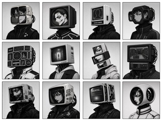 A grid of twelve black-and-white anime-style character portraits, each with a television or monitor for a head displaying various images like faces, corridors, or static.