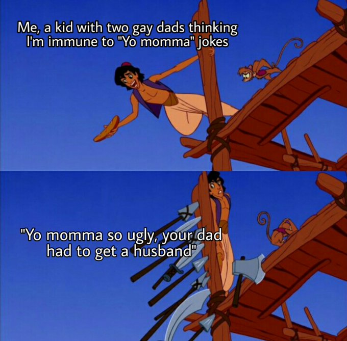 The image features a cartoon drawing of a man wearing a white outfit, holding an axe while standing on top of a wooden structure or bridge. The caption below the drawing reads "Me, a kid with two gay dads thinking I'm immune to 'yo momma' jokes". Another caption below the drawing states "I was just thinking about how AI is gonna change X paymenrs completely Instead of just cards and coins it could verify every follow in seconds with that meme energy Meme coins pumping because of the fun factor If you connect your".