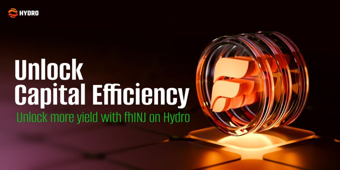 A promotional banner for Hydro featuring a 3D glass jar containing an orange "F" logo, with the text "Unlock Capital Efficiency" and "Unlock more yield with fhINJ on Hydro" in white and green, visually reinforcing the concept of liquid staking by symbolizing the "tokenization" of farming positions as depicted in the accompanying post about fhINJ.