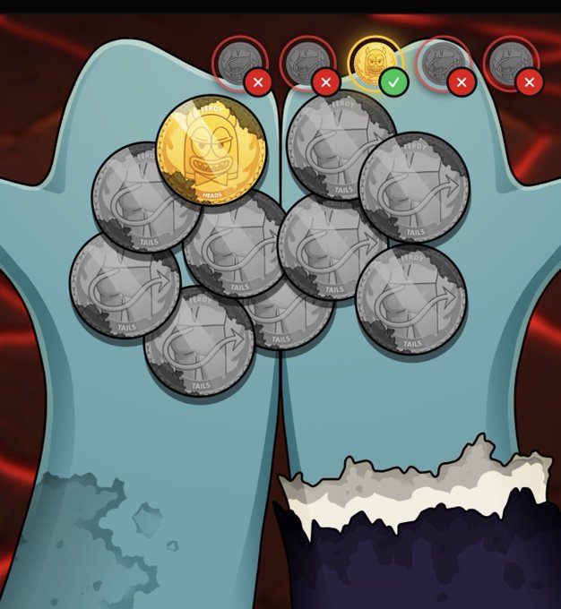 A digital illustration showing hands holding a pile of silver 'I'M TAILS' coins with one gold 'I'M HEADS' coin, with coins at the top marked with X's and a green checkmark.