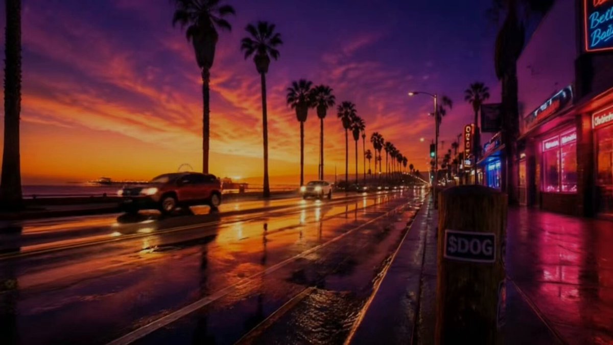 The image shows a street scene with cars driving down the road, palm trees lining the sidewalk, and buildings in the background. The sky has an orange hue, suggesting either sunrise or sunset. There are also neon signs visible along the street, adding to the vibrant atmosphere of the scene. The post includes text that reads "$DOG Army only knows fun...bringing that energy back to Bitcoin". This message seems to be related to a cryptocurrency called Dog Cash, which is known for its energetic and fun-loving nature.

The image captures the essence of a lively cityscape at dusk or dawn, with cars driving down the street and palm trees lining the sidewalk. The orange sky adds a warm glow to the scene, creating an inviting atmosphere that complements the vibrant energy of the city.