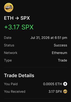 A cryptocurrency exchange confirmation showing a successful trade of ETH to SPX, receiving +3.17 SPX for 0.0005 ETH on the Ethereum network dated Jul 31, 2026.