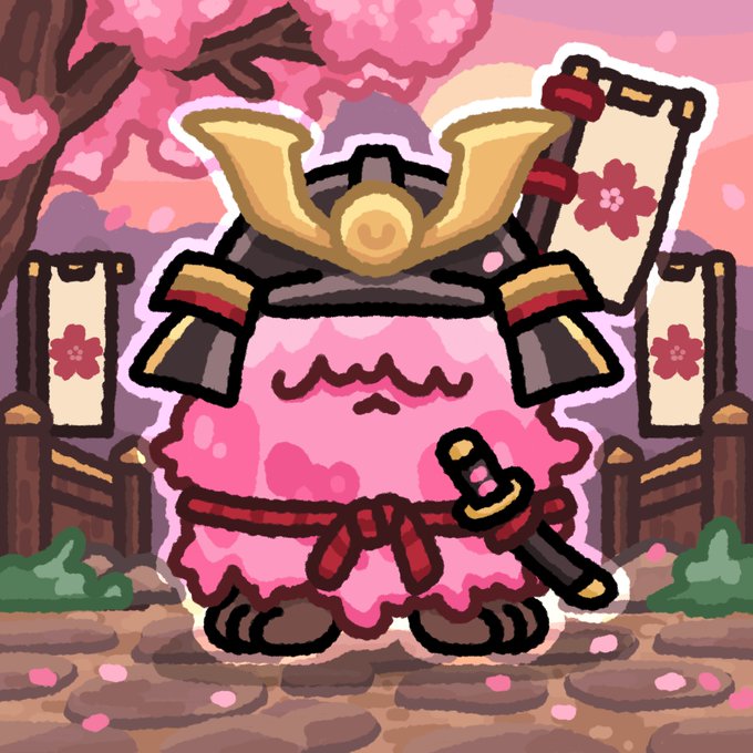 A pixel-art illustration shows a chubby pink samurai wearing a horned helmet and holding a katana, standing before a torii gate with cherry blossoms and banners.
