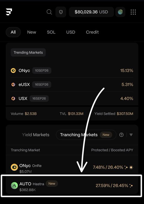 A Drift Protocol trading interface showing $80,029.36 USD balance with an arrow pointing to the AUTO/Hastra Tranching Market offering 27.59%/26.45% APY.