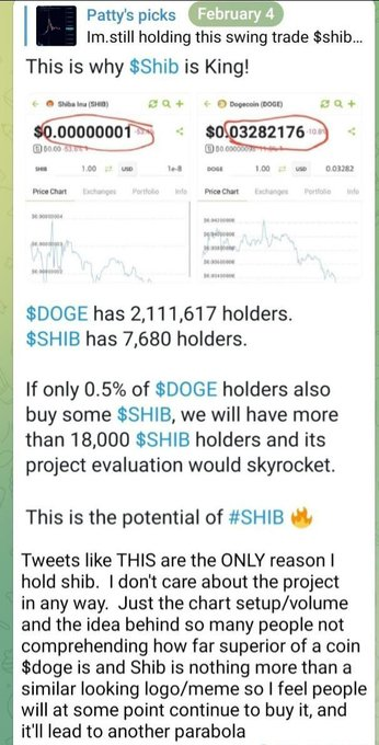 A social media post by 'Patty's picks' dated February 4 promoting the cryptocurrency Shiba Inu (SHIB), featuring screenshots of SHIB and Dogecoin (DOGE) prices and arguing for SHIB's potential value.