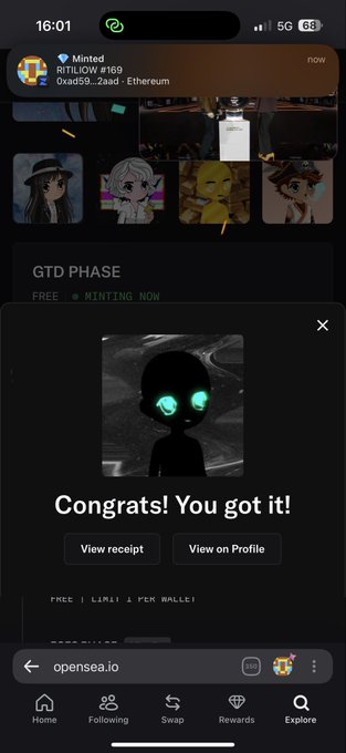 A mobile screenshot of the OpenSea app showing a 'Congrats! You got it!' mint confirmation for an NFT featuring a dark character with glowing teal eyes, with a notification for 'Minted RITILOW #169' at the top.