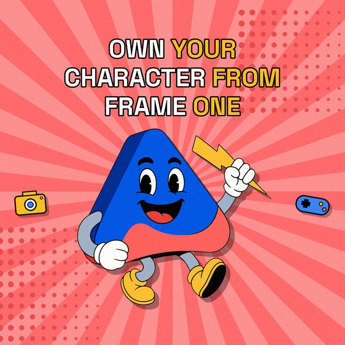 A retro cartoon poster features a blue triangular mascot with white gloves and yellow shoes holding a lightning bolt, set against a red sunburst background with halftone dots, flanked by a yellow camera and blue game controller. The text reads 'OWN YOUR CHARACTER FROM FRAME ONE'.