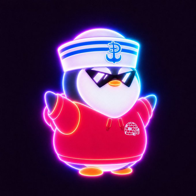 A neon-style 3D render of a penguin wearing a sailor hat and sunglasses, dressed in a red hoodie with a patch, against a dark background.