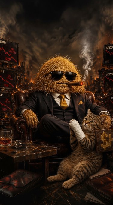 A surreal image of a hay-straw figure in a business suit and sunglasses smoking a cigar, sitting in a leather chair with a tabby cat holding a money bag, set against a backdrop of stock market crash charts.