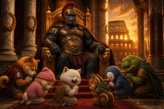 An AI-generated image depicting a Roman centurion on a throne with several Shiba Inu dogs and a Pepe frog dressed in robes kneeling before him, set against a backdrop of the Colosseum.