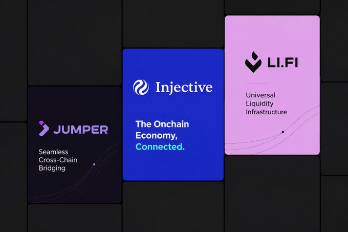 Three digital cards against a black background promoting crypto projects: a dark "JUMPER" card for "Seamless Cross-Chain Bridging," a blue "Injective" card for "The Onchain Economy, Connected," and a pink "LI.FI" card for "Universal Liquidity Infrastructure."