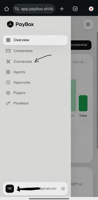 The image shows a screenshot of the PayBox dashboard (app.paybox.sh) with a navigation menu highlighting "Connected" with an arrow, along with the username beginning "HE" at the bottom. The image appears unrelated to the post about receiving a MoonPay USDC drop, as PayBox is a separate credential/identity management platform rather than a MoonPay interface.