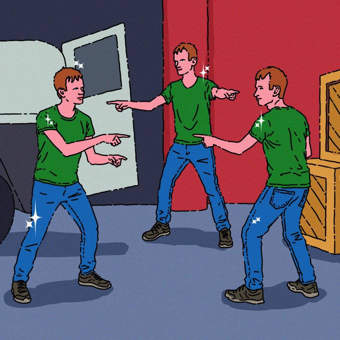A cartoon-style illustration showing three identical young men in green t-shirts and blue jeans, all pointing at each other in a triangular standoff in what appears to be a garage or loading area.