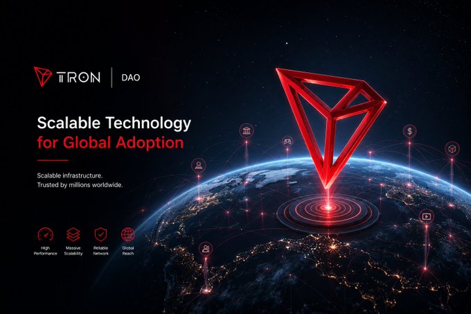 A promotional banner for TRON DAO features a glowing red 3D Tron logo hovering above Earth at night, with the tagline 'Scalable Technology for Global Adoption' and icons highlighting high performance, massive scalability, reliable network, and global reach.