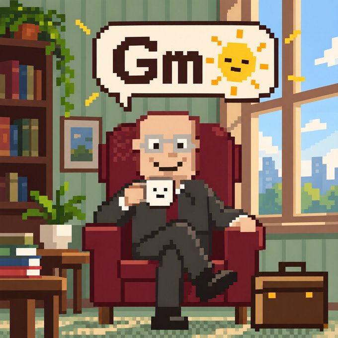 Pixel art illustration of a smiling older man in a suit holding a mug, sitting in a red armchair with a 'Gm' speech bubble and sun icon above.