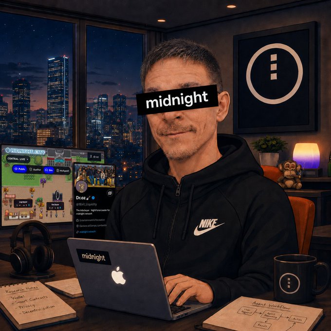 An AI-generated image of a man in a black Nike hoodie working on a MacBook labeled 'midnight', with 'midnight' also overlaid across his eyes, set in a high-rise office at night with a city skyline view.