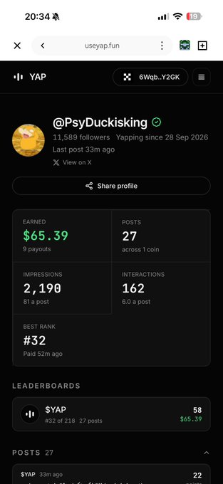 A screenshot of a profile page on 'useyap.fun' for user '@PsyDucksking', showing earnings of $65.39, 27 posts, 11,589 followers, and a best rank of #32.