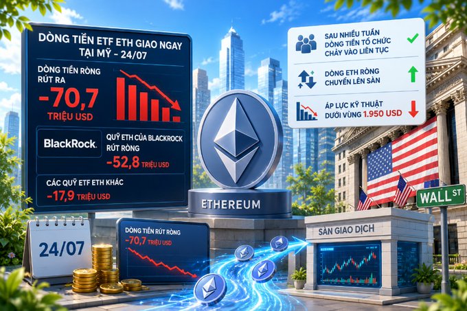 A Vietnamese-language financial graphic showing Ethereum (ETH) ETF net outflows, noting BlackRock's outflow of -52.8 million USD, total outflow of -70.7 million USD on 24/07, with Ethereum imagery and Wall Street in the background