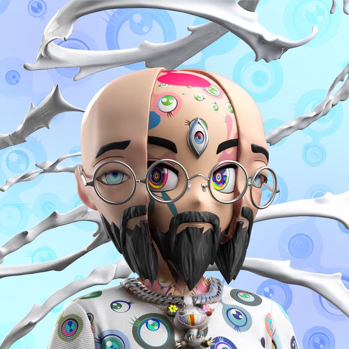 A digital 3D illustration of a bald, bearded man with round glasses and surreal eyes, wearing an eyeball-patterned shirt, set against a light blue background with thorny vines and floating eyes.