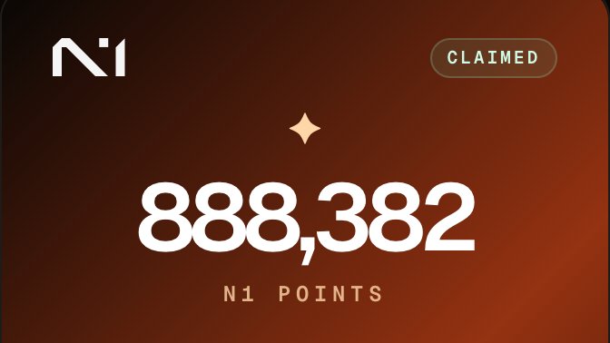 A dark red gradient graphic showing the N1 logo with a 'CLAIMED' button, displaying '888,382 N1 POINTS' in large white text with a sparkle icon.