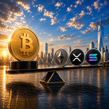 A large golden Bitcoin coin outweighs smaller altcoin tokens (including Ethereum, XRP, and Solana) on a balance scale set against a city skyline, visually illustrating Glassnode's finding that altcoins gained 21% in the past month yet still ceded 0.9 percentage points of market share to BTC over 90 days.