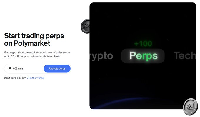A promotional interface for Polymarket's Perpetuals (Perps) trading platform, featuring a dark-themed graphic with a "+100 Perps" badge and the text "Start trading perps on Polymarket" alongside an active referral code field pre-filled with "003xifnz" and an "Activate perps" button, illustrating the post's announcement of a limited access code to the private beta for the first 15 users.