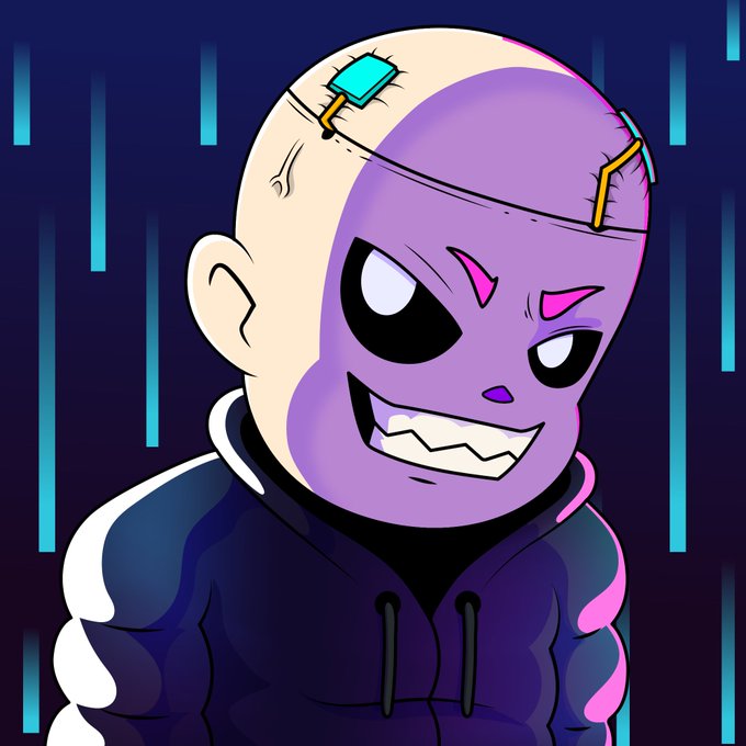 A menacing, cartoon-style purple-skinned villain with a stitched-up face, glowing pink eyes, and circuitry-like head implants smirks against a digital backdrop of cascading blue code. The image evokes a cyberpunk hacker or antagonist aesthetic, complementing the post's announcement of citizens entering a new digital "city" and tying into the @PoweredByVolt crypto project theme.