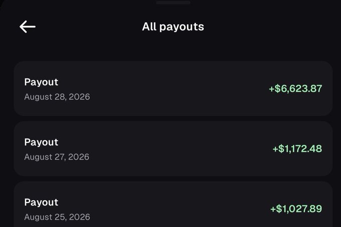 A screenshot of a mobile app's "All payouts" page showing three successful payouts: +$6,623.87 on August 28, 2026, +$1,172.48 on August 27, 2026, and +$1,027.89 on August 25, 2026, all displayed in green text on a dark background. The substantial payout amounts align with the poster's claim about receiving their first 5k payout and promoting earnings through @Pumpfun callouts.