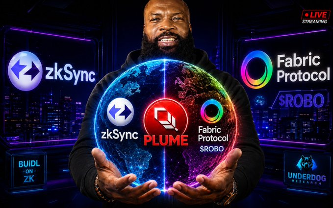 A live streaming thumbnail featuring a bearded man holding a glowing globe surrounded by crypto/tech logos including zkSync, Plume, Fabric Protocol, and $ROBO, with 'BUIDL ON ZK' and 'UNDERDOG RESEARCH' branding and a 'LIVE STREAMING' badge.