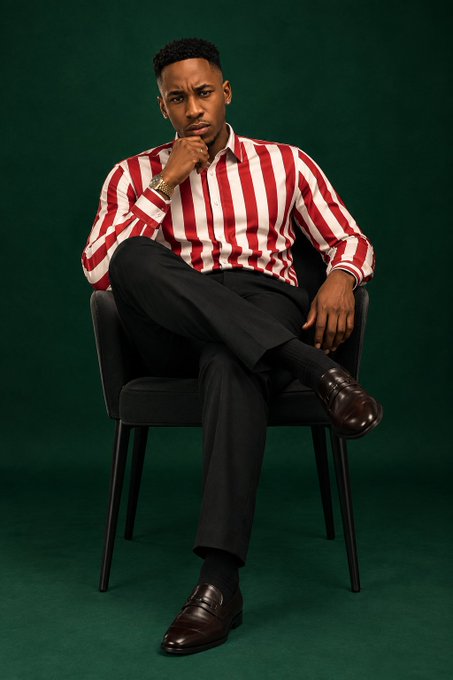 A man in a red and white striped button-down shirt and black trousers sitting on a black chair against a green background, posing with his hand on his chin.