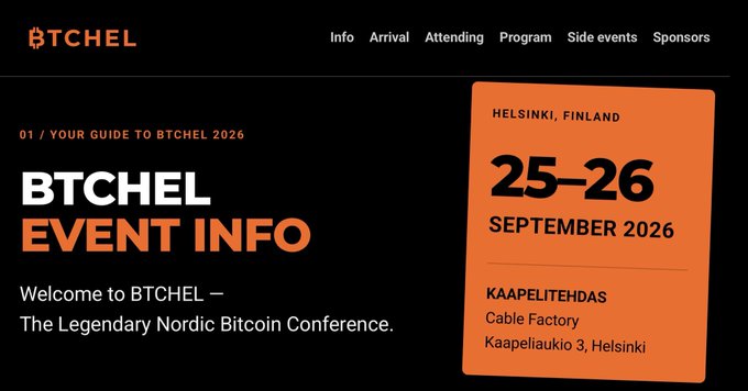 BTCHEL event info webpage banner for the Nordic Bitcoin Conference in Helsinki, Finland, held September 25–26, 2026 at Kaapelitehdas (Cable Factory).