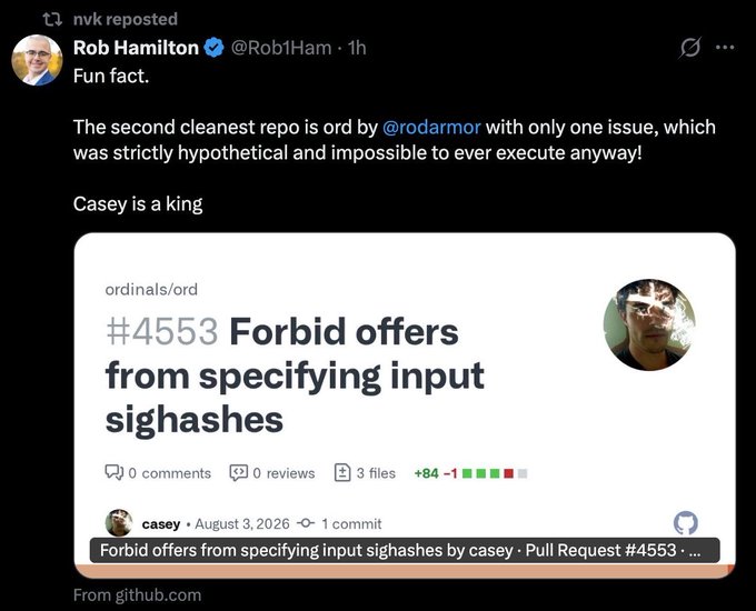 A repost by nvk of a tweet from Rob Hamilton (@Rob1Ham) about a fun fact regarding PR #4553 "Forbid offers from specifying input sighashes" on the ordinals/ord GitHub repo, calling Casey a king.