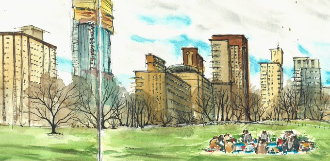 A watercolor painting depicting a city skyline with tall apartment buildings behind a park, where a group of people is gathered for what appears to be a picnic on the grass.