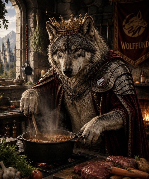 A fantasy illustration of an anthropomorphic wolf wearing a crown and ornate armor, cooking a stew in a medieval kitchen with a castle visible through the window and a 'WOLFFUND' banner on the wall.