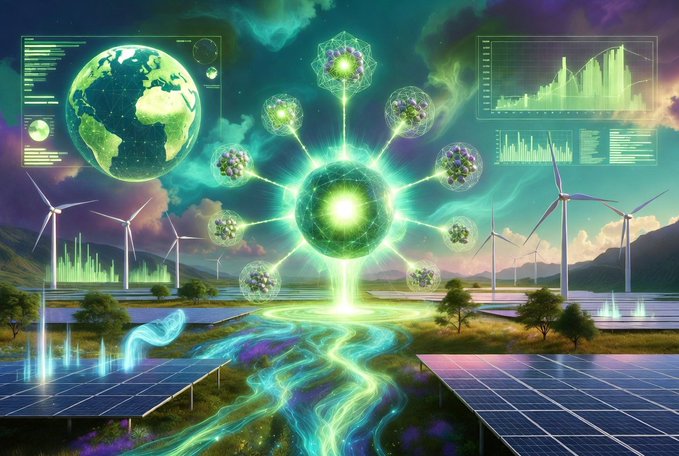 A vibrant digital illustration showcases a glowing quantum network of interconnected nodes hovering above solar panels and wind turbines, with holographic displays featuring a green Earth and energy data charts on the sides, symbolizing the fusion of quantum computing with renewable energy solutions. The image visually reinforces the post's message about @quipnetwork leveraging quantum technology to optimize green energy grids and climate systems.