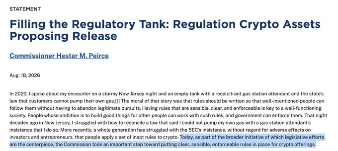 A statement titled 'Filling the Regulatory Tank: Regulation Crypto Assets Proposing Release' by Commissioner Hester M. Peirce, dated Aug. 18, 2026, discussing crypto regulation and the SEC.