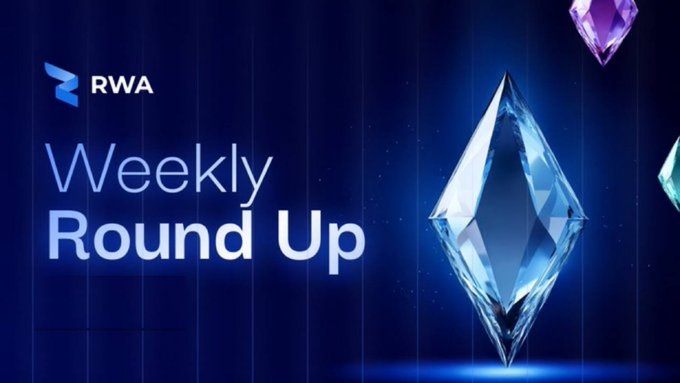 A graphic banner titled 'Weekly Round Up' with 'RWA' branding, featuring a large blue crystal/diamond shape against a dark background.