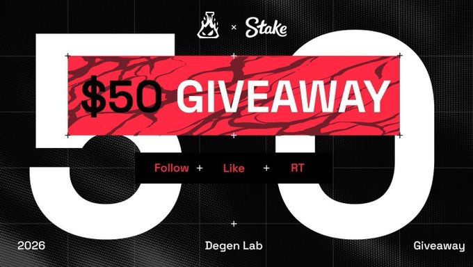 This image promotes a "$50 GIVEAWAY" in collaboration with Stake and Degen Lab, requiring followers to like, repost, and tag a friend to enter. The post states two $25 prizes will be awarded in 48 hours.
