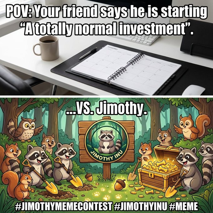 Meme image captioned 'POV: Your friend says he is starting "A totally normal investment". ...VS. Jimothy', featuring cartoon raccoons and squirrels digging for a treasure chest with hashtags #JIMOTHYMEMECONTEST #JIMOTHYINU #MEME.