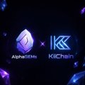 The image shows a promotional graphic featuring the AlphaGEMs logo alongside the KiiChain logo, set against a dark, cosmic-themed background with purple and blue glowing accents and a "x" between the two brand names to signify their partnership or collaboration.